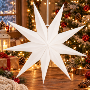 Stea decorativa 3D din hartie, cu 9 colturi, 60 cm, alba