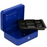Caseta pentru bani tip cutie de valori, compartimentanta, cu cheie, metal, 25x20x9cm, albastru