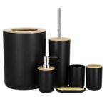 Set de accesorii rotunde pentru baie din plastic cu elemente bambus, 6 piese, negru
