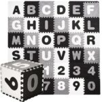 Covor din spuma pentru copii, tip puzzle alfabet si numere, 110 piese, termoizolant, 175x175 cm, negru, gri