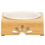 Castron ceramica, bol, pentru caine sau pisica, cu suport din bambus, 15cm