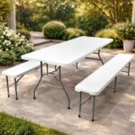 Set masa cu 2 banci pliabile tip valiza pentru gradina, camping, terase, 180x72x75cm