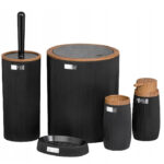 Set de accesorii rotunde pentru baie din plastic, 5 piese, negru cu accesorii din lemn
