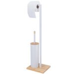 Stand cu perie WC si suport hartie igienica, metal si bambus, 70cm, alb perla