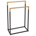 (DL) Suport metalic de baie pentru prosoape, cu 2 standuri de lemn, 76 cm, negru