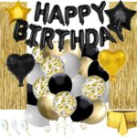 Set 46 baloane si decoratiuni, Happy Birthday, incluse fata de masa si perdea negru auriu
