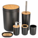 Set de accesorii rotunde pentru baie din plastic cu elemente bambus, 6 piese, negru maro