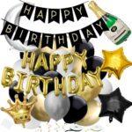 Set 53 baloane si decoratiuni, Happy Birthday, argintiu, negru, auriu