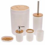 Set de accesorii rotunde pentru baie din plastic cu elemente bambus, 6 piese, alb maro