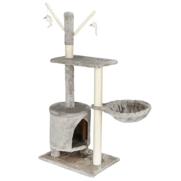Ansamblu de joaca pentru pisici, cu loc pentru zgariat, ascuns, culcus, soricei, 108cm, gri