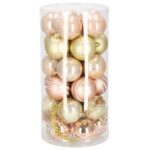 Set globuri de Craciun cu modele de sarbatori, 30 bucati, 6cm, roz si auriu