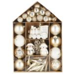Set globuri si decoratiuni de Craciun, 70 piese, diverse dimensiuni, auriu si crem
