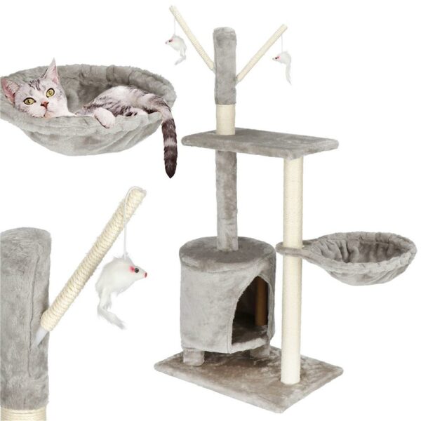 Ansamblu de joaca pentru pisici, cu loc pentru zgariat, ascuns, culcus, soricei, 108cm, gri - imagine 4