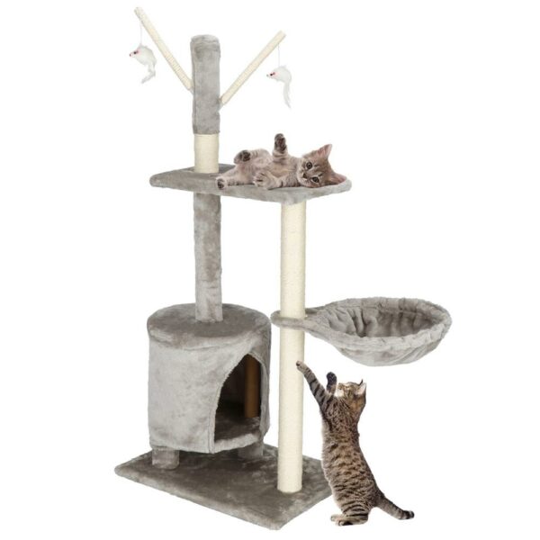 Ansamblu de joaca pentru pisici, cu loc pentru zgariat, ascuns, culcus, soricei, 108cm, gri - imagine 5