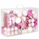 Set globuri si decoratiuni de Craciun, 101 piese, diverse dimensiuni, alb roz