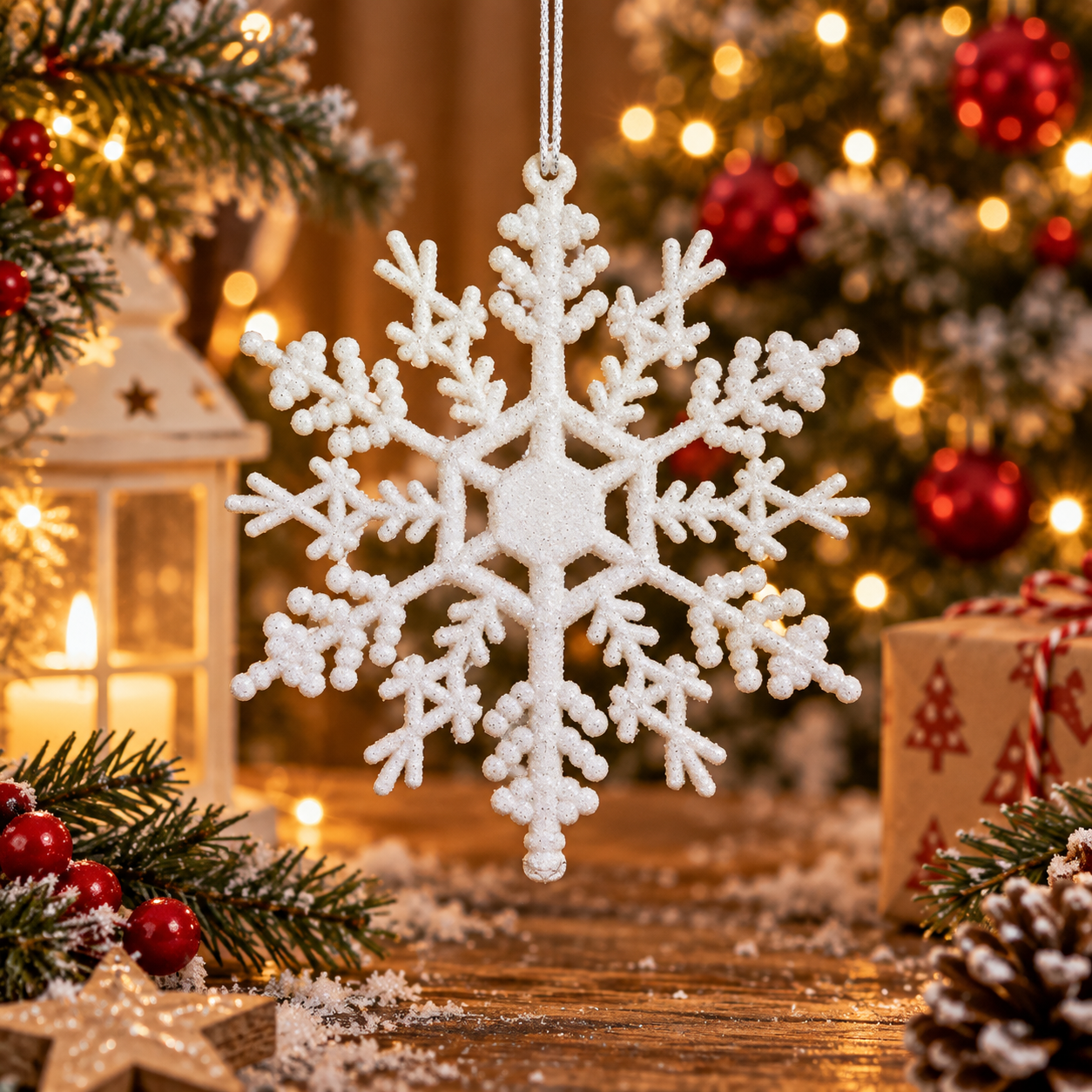 Decoratiune brad fulg de zapada, set 3 bucati, 12 cm, alb