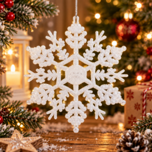 Decoratiune brad fulg de zapada, 13 cm, alb cu sclipici