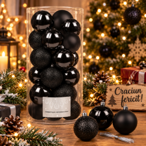 Set globuri de Craciun, 20 bucati, 3 modele, 4 cm, negru