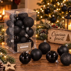 Set globuri de Craciun, 25 bucati, 3 modele, 2,5 cm si 4 cm, negru