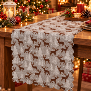 Fata de masa pentru decor, cu motive de Craciun, din stofa, 35x186 cm, gri