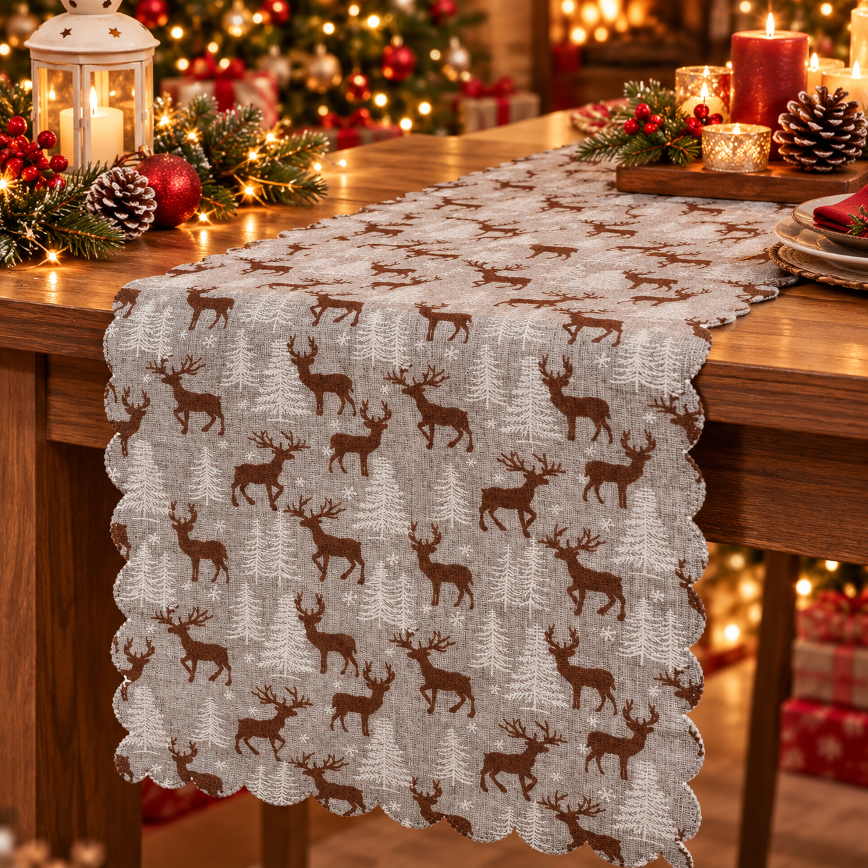 Fata de masa pentru decor, cu motive de Craciun, din stofa, 35x186 cm, gri
