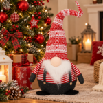 Figurina Craciun, Spiridus cu bluza in dungi, inaltime 80 cm