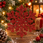 Decoratiune brad fulg de zapada, set 8 bucati, 8cm, rosu
