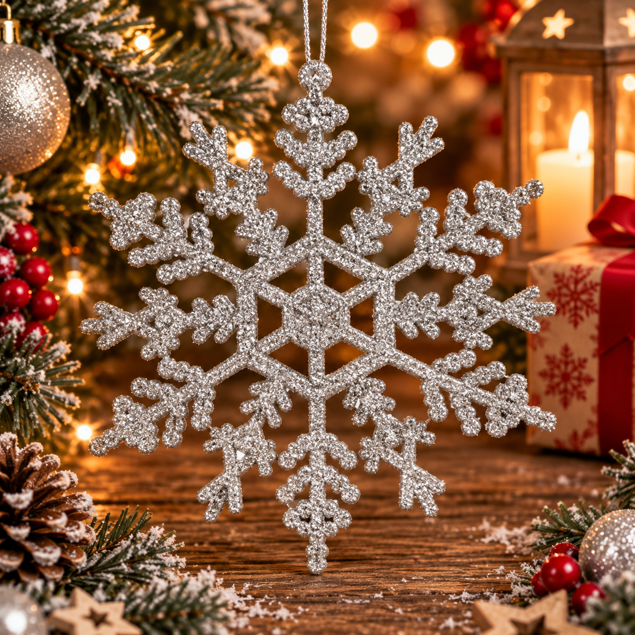 Decoratiune brad fulg de zapada, set 3 bucati, 12 cm, argintiu