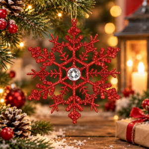 Decoratiune brad fulg de zapada cu cristal, set 2 bucati, 12 cm, rosu