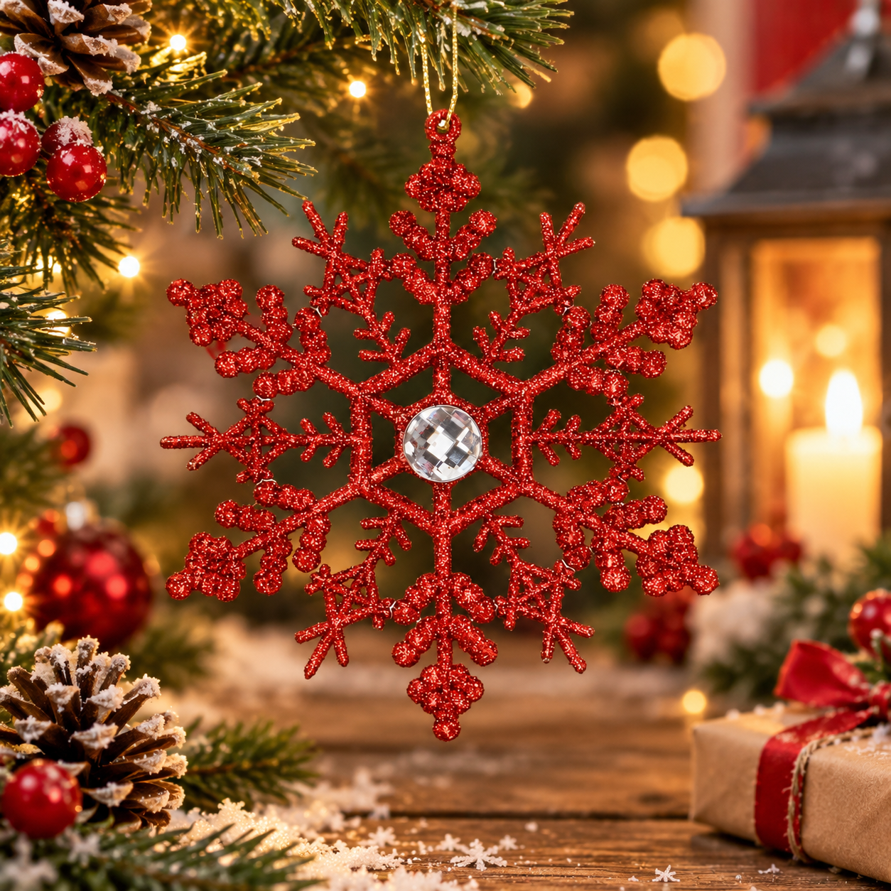 Decoratiune brad fulg de zapada cu cristal, set 2 bucati, 12 cm, rosu