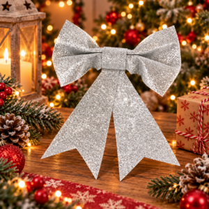 Set 4 ornamente pentru bradul de Craciun, fundita, 13 cm, argintiu