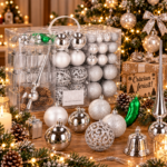 Set globuri si decoratiuni de Craciun, 102 piese, diverse dimensiuni, argintiu