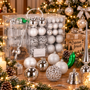 Set globuri si decoratiuni de Craciun, 102 piese, diverse dimensiuni, argintiu