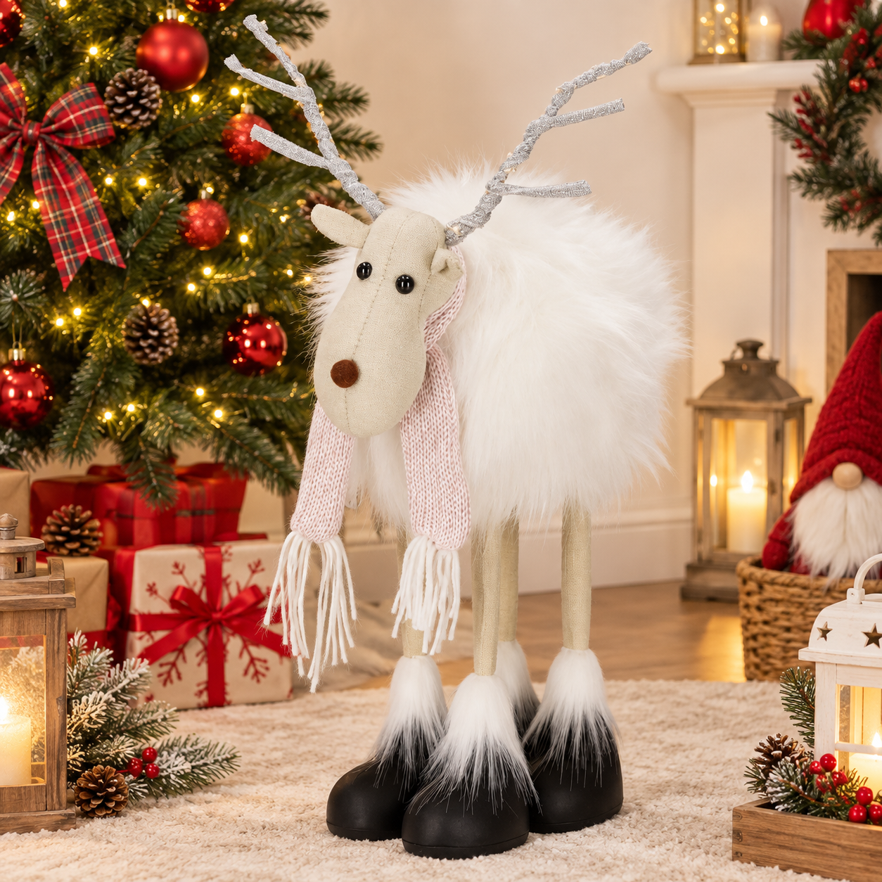 Figurina Craciun, Ren alb cu fular, inaltime 48 cm