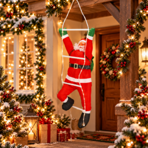Figurina Craciun, Mos Craciun pe scara, cu iluminare LED, alimentare USB, pentru interior
