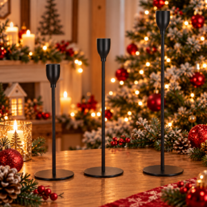 Set 3 suporturi pentru lumanari din metal, inaltimi 23/28/33 cm, negru