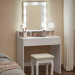 VASAGLE Masa de toaleta cu oglinda si becuri, cu 2 sertare si 3 compartimente deschise, 40x80x145cm, modern, alb