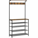 VASAGLE Cuier de hol cu depozitare pentru pantofi, 5 niveluri, 5 carlige duble, raft, 80x31x183cm, industrial, maro rustic si negru