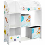 SONGMICS Organizator de jucarii si carti pentru copii, multifunctional cu 2 cutii de depozitare, 93x30x100cm, alb