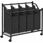 SONGMICS Cos de rufe cu 4 saci detasabili, structura metalica pe roti, 4x35L, 87x38x81cm, negru