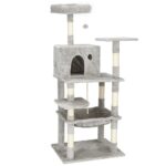 Ansamblu de joaca pentru pisici, cu loc pentru zgariat, ascuns, culcus, minge, sfoara, 145cm, gri