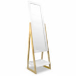 (P) Oglinda de podea cu suport, raft de depozitare, 150x37x40cm, alb cu maro