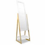 Oglinda de podea cu suport, raft de depozitare, 150x37x40cm, alb cu maro