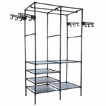Stand de haine cu polite si tije pentru agatarea umeraselor, 85x44x174cm, negru
