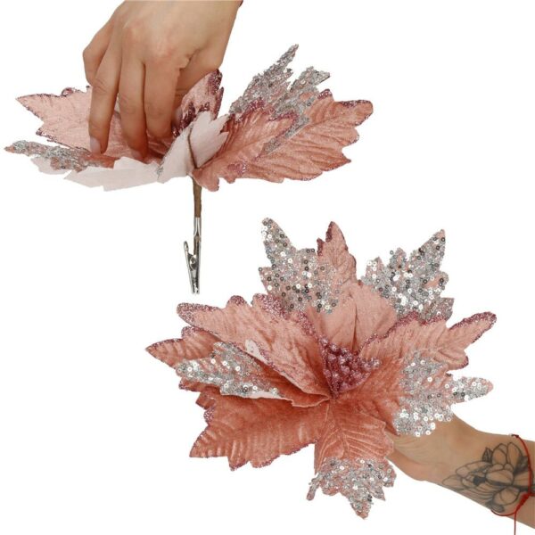 Set 5 ornamente pentru bradul de Craciun, stea Poinsettia, 26cm, roz argintiu - imagine 9