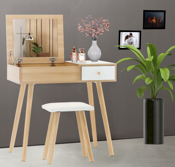Set Masa de toaleta si machiaj cu taburet Brescia, maro, cu sertar si oglinda, 80x40x114cm - imagine 2