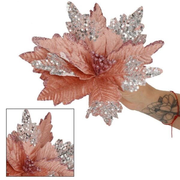 Set 5 ornamente pentru bradul de Craciun, stea Poinsettia, 26cm, roz argintiu - imagine 11
