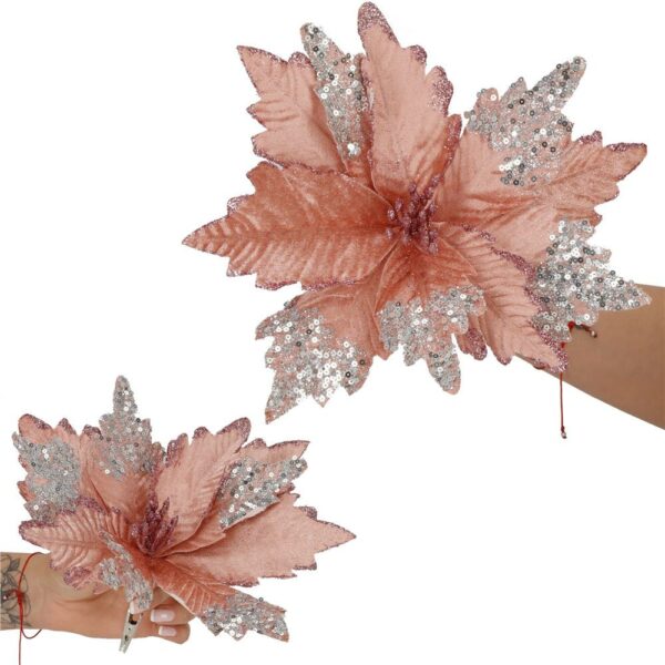 Set 5 ornamente pentru bradul de Craciun, stea Poinsettia, 26cm, roz argintiu - imagine 13