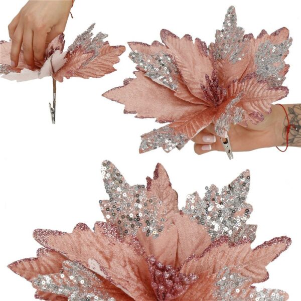 Set 5 ornamente pentru bradul de Craciun, stea Poinsettia, 26cm, roz argintiu - imagine 14