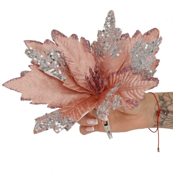 Set 5 ornamente pentru bradul de Craciun, stea Poinsettia, 26cm, roz argintiu - imagine 8